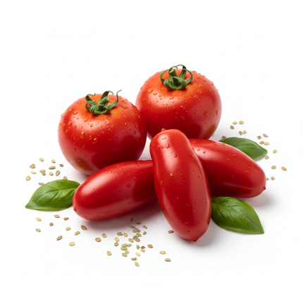 crea imagen de conjunto pequeño, unos 2 o 3 tomates clasicos y 2 o 3 tomates pomarola realista con fondo blanco