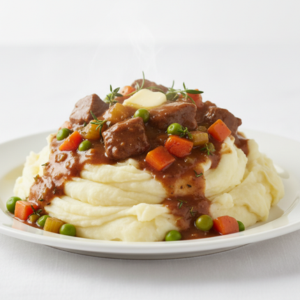 crear imagen de pure de papas con carne realista con fondo blanco