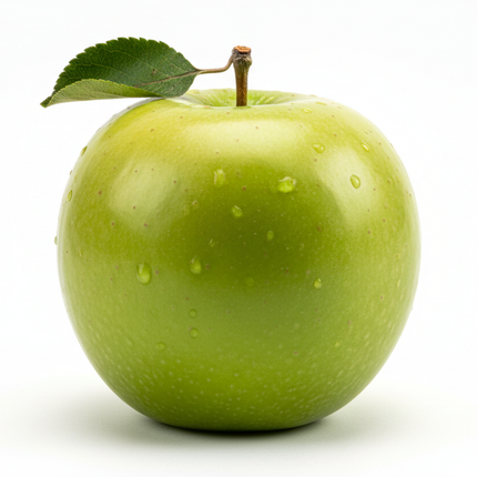 manzana verde hiperrealista con fondo blanco estricto